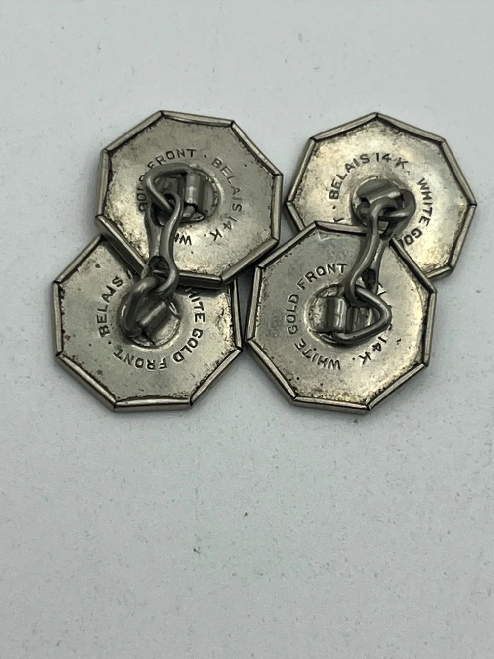 Belais 14k White Gold Front Etched Cuff links Art Deco flower snowflake design